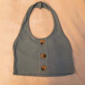 LIGHT BLUE BUTTON FRONT HALTER TANK TOP